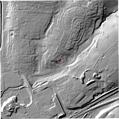 Shaded relief map of the ground around GL155FD, computed from Environment Agency LiDAR. The ground here sits at about 15 m above sea level and falls 23 m across the surrounding 800 m. Surface water reaching this point runs off ground lying to the north, 5.4 m higher.