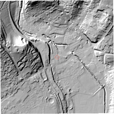 Shaded relief map of the ground around GL155LD, computed from Environment Agency LiDAR. The ground here sits at about 13 m above sea level and falls 46 m across the surrounding 800 m. Surface water reaching this point runs off ground lying to the north-west, 2.1 m higher.