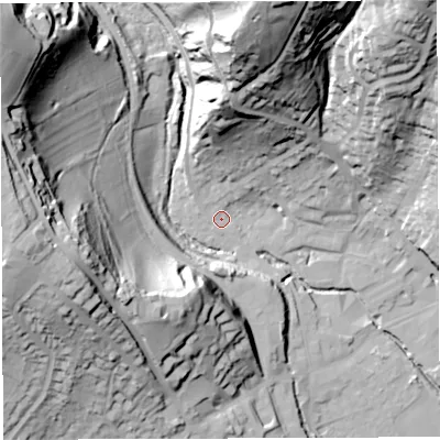 Shaded relief map of the ground around GL155LE, computed from Environment Agency LiDAR. The ground here sits at about 13 m above sea level and falls 67 m across the surrounding 800 m. Surface water reaching this point runs off ground lying to the north, 64.1 m higher.