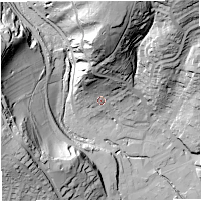 Shaded relief map of the ground around GL155LF, computed from Environment Agency LiDAR. The ground here sits at about 20 m above sea level and falls 72 m across the surrounding 800 m. Surface water reaching this point runs off ground lying to the north, 24.0 m higher.