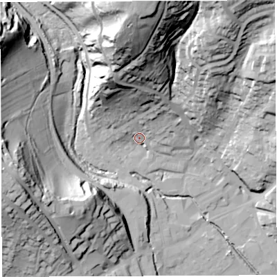 Shaded relief map of the ground around GL155LG, computed from Environment Agency LiDAR. The ground here sits at about 14 m above sea level and falls 69 m across the surrounding 800 m. Surface water reaching this point runs off ground lying to the north, 66.8 m higher.