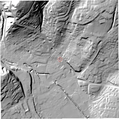 Shaded relief map of the ground around GL155LU, computed from Environment Agency LiDAR. The ground here sits at about 14 m above sea level and falls 64 m across the surrounding 800 m. Surface water reaching this point runs off ground lying to the north-east, 46.1 m higher.