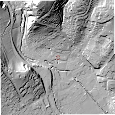Shaded relief map of the ground around GL155NH, computed from Environment Agency LiDAR. The ground here sits at about 12 m above sea level and falls 63 m across the surrounding 800 m. Surface water reaching this point runs off ground lying to the north-west, 2.8 m higher.