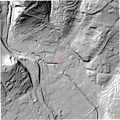 Shaded relief map of the ground around GL155NQ, computed from Environment Agency LiDAR. The ground here sits at about 12 m above sea level and falls 55 m across the surrounding 800 m. Surface water reaching this point runs off ground lying to the north-north-east, 0.6 m higher.