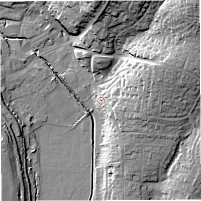 Shaded relief map of the ground around GL155PF, computed from Environment Agency LiDAR. The ground here sits at about 14 m above sea level and falls 32 m across the surrounding 800 m. Surface water reaching this point runs off ground lying to the east-north-east, 14.5 m higher.