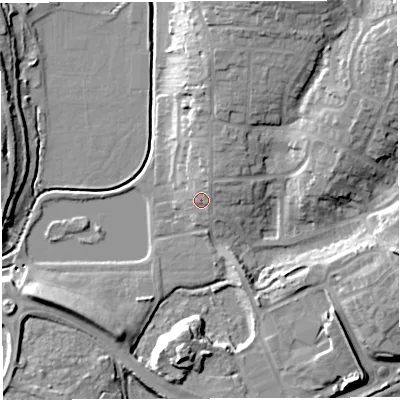 Shaded relief map of the ground around GL155PT, computed from Environment Agency LiDAR. The ground here sits at about 13 m above sea level and falls 20 m across the surrounding 800 m. Surface water reaching this point runs off ground lying to the north-north-east, 3.5 m higher.