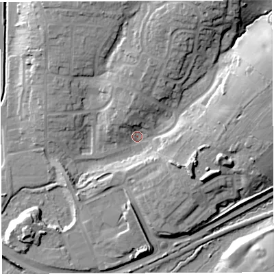 Shaded relief map of the ground around GL155QA, computed from Environment Agency LiDAR. The ground here sits at about 12 m above sea level and falls 22 m across the surrounding 800 m. Surface water reaching this point runs off ground lying to the north-north-east, 18.6 m higher.