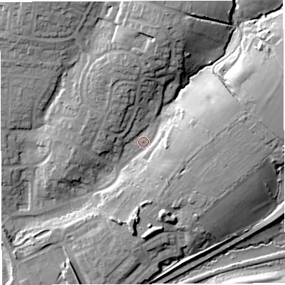 Shaded relief map of the ground around GL155QB, computed from Environment Agency LiDAR. The ground here sits at about 15 m above sea level and falls 25 m across the surrounding 800 m. Surface water reaching this point runs off ground lying to the east-north-east, 19.1 m higher.