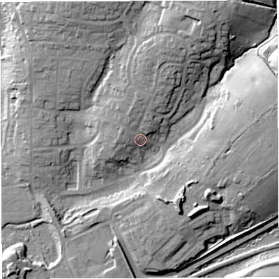 Shaded relief map of the ground around GL155QF, computed from Environment Agency LiDAR. The ground here sits at about 17 m above sea level and falls 24 m across the surrounding 800 m. Surface water reaching this point runs off ground lying to the north-north-east, 12.6 m higher.