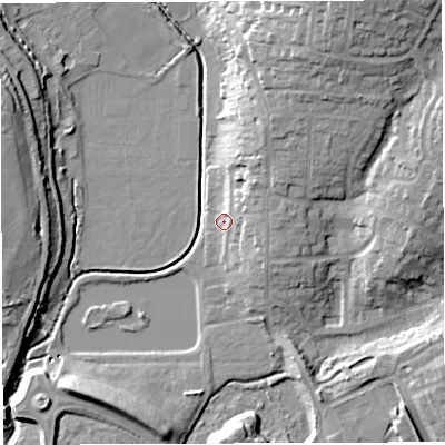 Shaded relief map of the ground around GL155QR, computed from Environment Agency LiDAR. The ground here sits at about 11 m above sea level and falls 22 m across the surrounding 800 m. Surface water reaching this point runs off ground lying to the north-east, 4.0 m higher.