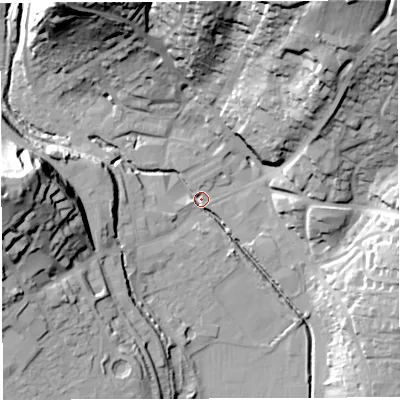 Shaded relief map of the ground around GL155RA, computed from Environment Agency LiDAR. The ground here sits at about 10 m above sea level and falls 45 m across the surrounding 800 m. Surface water reaching this point runs off ground lying to the north-north-east, 38.4 m higher.