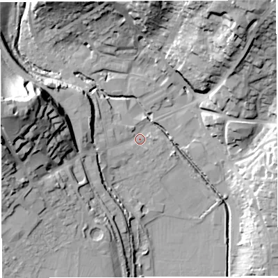 Shaded relief map of the ground around GL155RF, computed from Environment Agency LiDAR. The ground here sits at about 11 m above sea level and falls 38 m across the surrounding 800 m. Surface water reaching this point runs off ground lying to the west-north-west, 34.3 m higher.