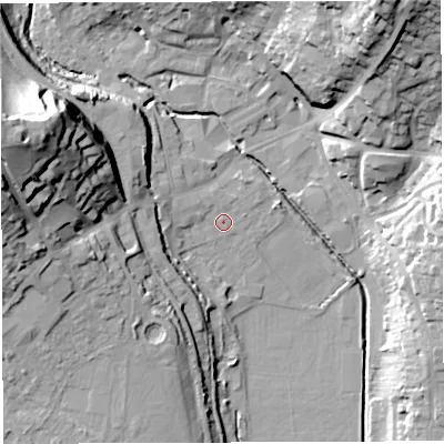 Shaded relief map of the ground around GL155RJ, computed from Environment Agency LiDAR. The ground here sits at about 11 m above sea level and falls 38 m across the surrounding 800 m. Surface water reaching this point runs off ground lying to the west-north-west, 1.4 m higher.