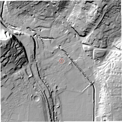 Shaded relief map of the ground around GL155RR, computed from Environment Agency LiDAR. The ground here sits at about 11 m above sea level and falls 37 m across the surrounding 800 m. Surface water reaching this point runs off ground lying to the west-south-west, 0.6 m higher.