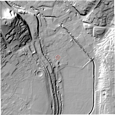 Shaded relief map of the ground around GL155RS, computed from Environment Agency LiDAR. The ground here sits at about 10 m above sea level and falls 38 m across the surrounding 800 m. Surface water reaching this point runs off ground lying to the west-north-west, 27.1 m higher.