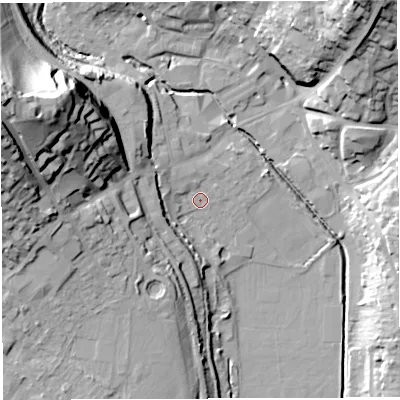 Shaded relief map of the ground around GL155RT, computed from Environment Agency LiDAR. The ground here sits at about 11 m above sea level and falls 40 m across the surrounding 800 m. Surface water reaching this point runs off ground lying to the west, 13.8 m higher.