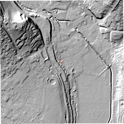 Shaded relief map of the ground around GL155RU, computed from Environment Agency LiDAR. The ground here sits at about 12 m above sea level and falls 43 m across the surrounding 800 m. Surface water reaching this point runs off ground lying to the west-north-west, 38.2 m higher.