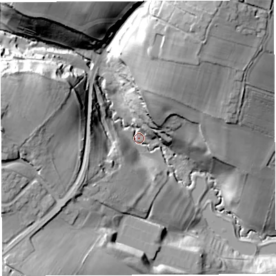 Shaded relief map of the ground around GL156AB, computed from Environment Agency LiDAR. The ground here sits at about 13 m above sea level and falls 38 m across the surrounding 800 m. Surface water reaching this point runs off ground lying to the west-north-west, 35.9 m higher.
