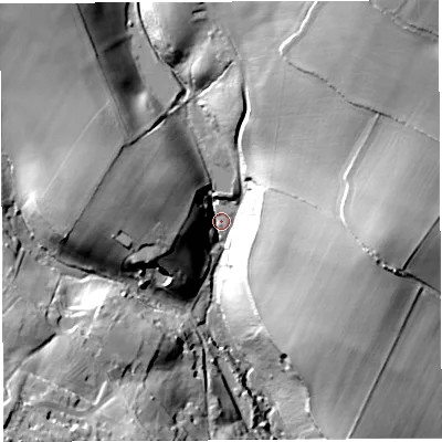Shaded relief map of the ground around GL156AE, computed from Environment Agency LiDAR. The ground here sits at about 28 m above sea level and falls 41 m across the surrounding 800 m. Surface water reaching this point runs off ground lying to the north-north-east, 32.0 m higher.
