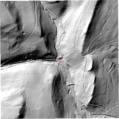 Shaded relief map of the ground around GL156AH, computed from Environment Agency LiDAR. The ground here sits at about 84 m above sea level and falls 119 m across the surrounding 800 m. Surface water reaching this point runs off ground lying to the south-west, 102.9 m higher.