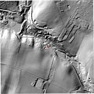 Shaded relief map of the ground around GL156AL, computed from Environment Agency LiDAR. The ground here sits at about 53 m above sea level and falls 48 m across the surrounding 800 m. Surface water reaching this point runs off ground lying to the west-south-west, 33.2 m higher.