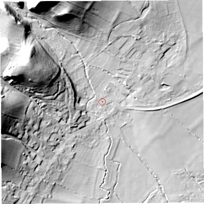 Shaded relief map of the ground around GL156BN, computed from Environment Agency LiDAR. The ground here sits at about 13 m above sea level and falls 48 m across the surrounding 800 m. Surface water reaching this point runs off ground lying to the west-north-west, 1.0 m higher.