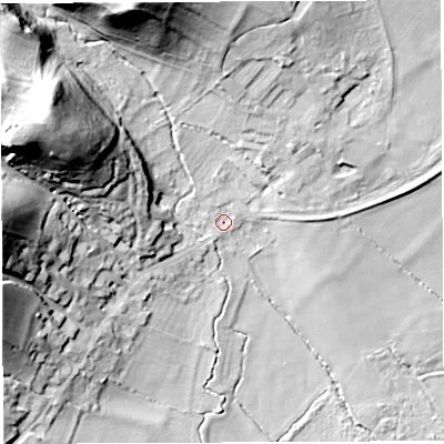 Shaded relief map of the ground around GL156BX, computed from Environment Agency LiDAR. The ground here sits at about 12 m above sea level and falls 46 m across the surrounding 800 m. Surface water reaching this point runs off ground lying to the west-north-west, 40.3 m higher.