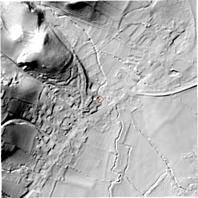 Shaded relief map of the ground around GL156BY, computed from Environment Agency LiDAR. The ground here sits at about 13 m above sea level and falls 54 m across the surrounding 800 m. Surface water reaching this point runs off ground lying to the west-north-west, 39.8 m higher.
