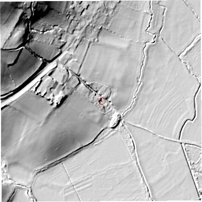 Shaded relief map of the ground around GL156DN, computed from Environment Agency LiDAR. The ground here sits at about 10 m above sea level and falls 52 m across the surrounding 800 m. Surface water reaching this point runs off ground lying to the west-north-west, 19.0 m higher.