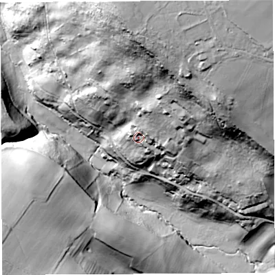 Shaded relief map of the ground around GL156DR, computed from Environment Agency LiDAR. The ground here sits at about 43 m above sea level and falls 84 m across the surrounding 800 m. Surface water reaching this point runs off ground lying to the north-north-east, 47.8 m higher.