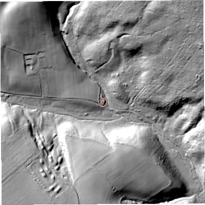 Shaded relief map of the ground around GL156DU, computed from Environment Agency LiDAR. The ground here sits at about 37 m above sea level and falls 81 m across the surrounding 800 m. Surface water reaching this point runs off ground lying to the north-north-east, 63.8 m higher.