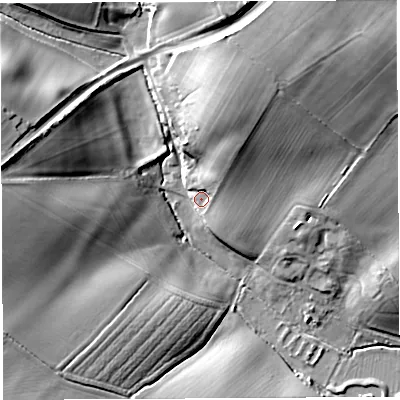 Shaded relief map of the ground around GL156PP, computed from Environment Agency LiDAR. The ground here sits at about 14 m above sea level and falls 25 m across the surrounding 800 m. Surface water reaching this point runs off ground lying to the north-east, 11.1 m higher.