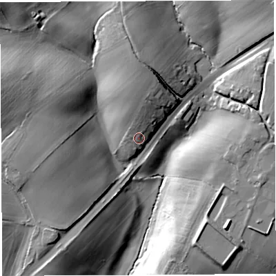 Shaded relief map of the ground around GL156PW, computed from Environment Agency LiDAR. The ground here sits at about 28 m above sea level and falls 26 m across the surrounding 800 m. Surface water reaching this point runs off ground lying to the north, 7.5 m higher.