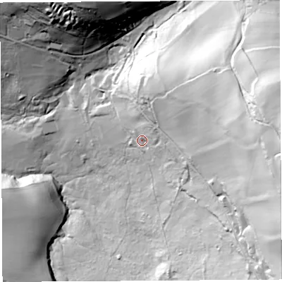Shaded relief map of the ground around GL156QF, computed from Environment Agency LiDAR. The ground here sits at about 70 m above sea level and falls 129 m across the surrounding 800 m. Surface water reaching this point runs off ground lying to the east, 88.9 m higher.
