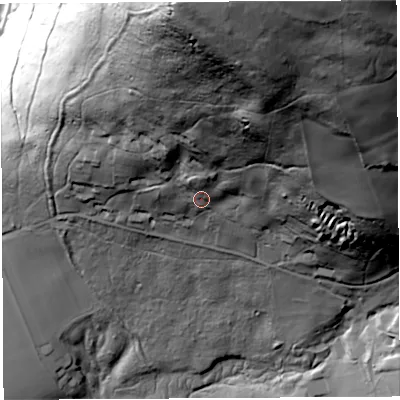 Shaded relief map of the ground around GL156QG, computed from Environment Agency LiDAR. The ground here sits at about 77 m above sea level and falls 171 m across the surrounding 800 m. Surface water reaching this point runs off ground lying to the north-north-east, 19.9 m higher.