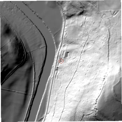 Shaded relief map of the ground around GL156QQ, computed from Environment Agency LiDAR. The ground here sits at about 23 m above sea level and falls 189 m across the surrounding 800 m. Surface water reaching this point runs off ground lying to the east-south-east, 179.4 m higher.