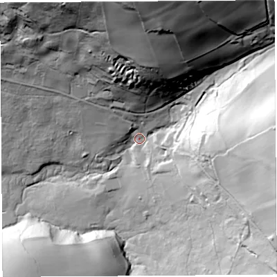 Shaded relief map of the ground around GL156RB, computed from Environment Agency LiDAR. The ground here sits at about 50 m above sea level and falls 113 m across the surrounding 800 m. Surface water reaching this point runs off ground lying to the north, 90.2 m higher.