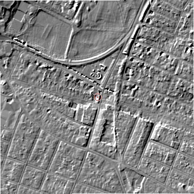 Shaded relief map of the ground around GL15AN, computed from Environment Agency LiDAR. The ground here sits at about 14 m above sea level and falls 10 m across the surrounding 800 m. Surface water reaching this point runs off ground lying to the south-south-east, 4.9 m higher.
