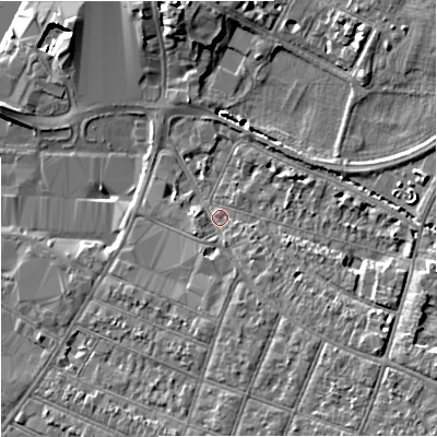 Shaded relief map of the ground around GL15AQ, computed from Environment Agency LiDAR. The ground here sits at about 13 m above sea level and falls 8 m across the surrounding 800 m. Surface water reaching this point runs off ground lying to the south-east, 5.3 m higher.