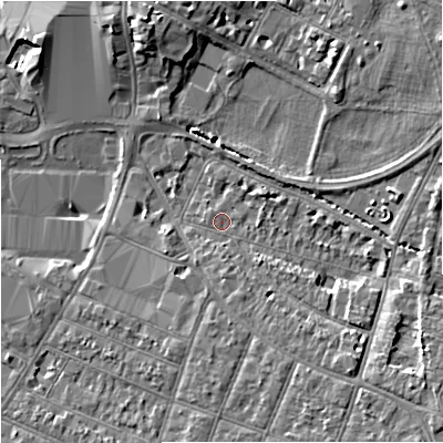 Shaded relief map of the ground around GL15BD, computed from Environment Agency LiDAR. The ground here sits at about 13 m above sea level and falls 8 m across the surrounding 800 m. Surface water reaching this point runs off ground lying to the south, 1.6 m higher.