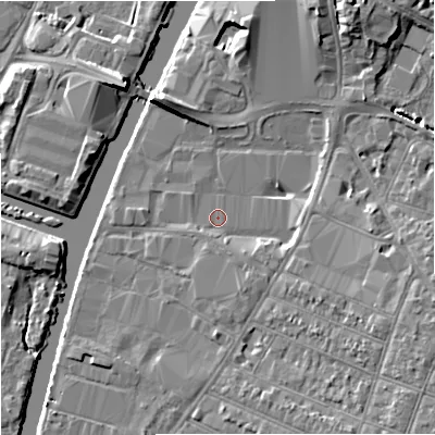 Shaded relief map of the ground around GL15SG, computed from Environment Agency LiDAR. The ground here sits at about 11 m above sea level and falls 7 m across the surrounding 800 m. Surface water reaching this point runs off ground lying to the north-north-east, 6.2 m higher.