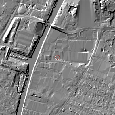 Shaded relief map of the ground around GL15SJ, computed from Environment Agency LiDAR. The ground here sits at about 11 m above sea level and falls 7 m across the surrounding 800 m. Surface water reaching this point runs off ground lying to the north-east, 6.2 m higher.