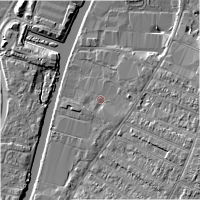 Shaded relief map of the ground around GL15SQ, computed from Environment Agency LiDAR. The ground here sits at about 11 m above sea level and falls 7 m across the surrounding 800 m. Surface water reaching this point runs off ground lying to the east-north-east, 1.6 m higher.