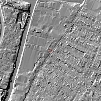 Shaded relief map of the ground around GL15SR, computed from Environment Agency LiDAR. The ground here sits at about 11 m above sea level and falls 6 m across the surrounding 800 m. Surface water reaching this point runs off ground lying to the east-south-east, 4.6 m higher.