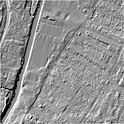 Shaded relief map of the ground around GL15SY, computed from Environment Agency LiDAR. The ground here sits at about 11 m above sea level and falls 7 m across the surrounding 800 m. Surface water reaching this point runs off ground lying to the south-south-east, 4.6 m higher.
