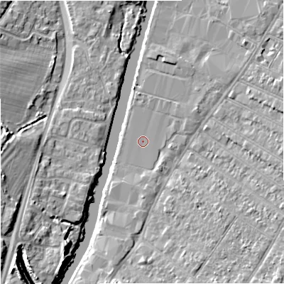 Shaded relief map of the ground around GL15TT, computed from Environment Agency LiDAR. The ground here sits at about 11 m above sea level and falls 10 m across the surrounding 800 m. Surface water reaching this point runs off ground lying to the south, 1.0 m higher.