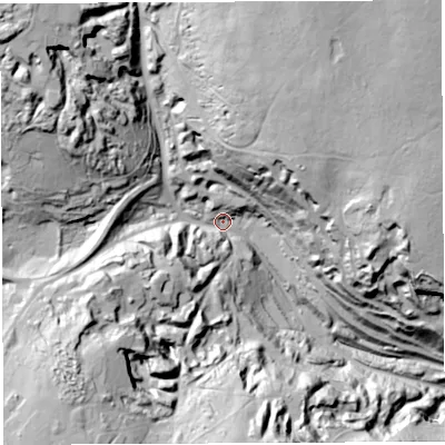 Shaded relief map of the ground around GL167LU, computed from Environment Agency LiDAR. The ground here sits at about 128 m above sea level and falls 83 m across the surrounding 800 m. Surface water reaching this point runs off ground lying to the north-north-east, 66.8 m higher.