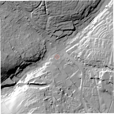 Shaded relief map of the ground around GL168AA, computed from Environment Agency LiDAR. The ground here sits at about 171 m above sea level and falls 43 m across the surrounding 800 m. Surface water reaching this point runs off ground lying to the east, 30.8 m higher.