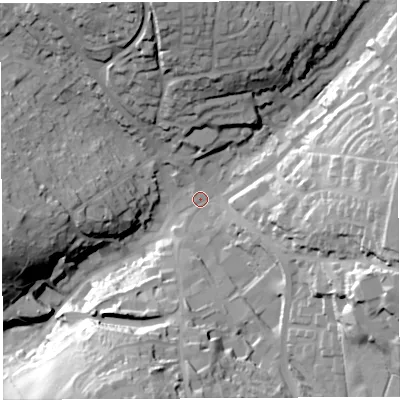 Shaded relief map of the ground around GL168AE, computed from Environment Agency LiDAR. The ground here sits at about 170 m above sea level and falls 43 m across the surrounding 800 m. Surface water reaching this point runs off ground lying to the east, 31.7 m higher.