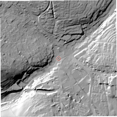 Shaded relief map of the ground around GL168AF, computed from Environment Agency LiDAR. The ground here sits at about 169 m above sea level and falls 41 m across the surrounding 800 m. Surface water reaching this point runs off ground lying to the east, 29.9 m higher.